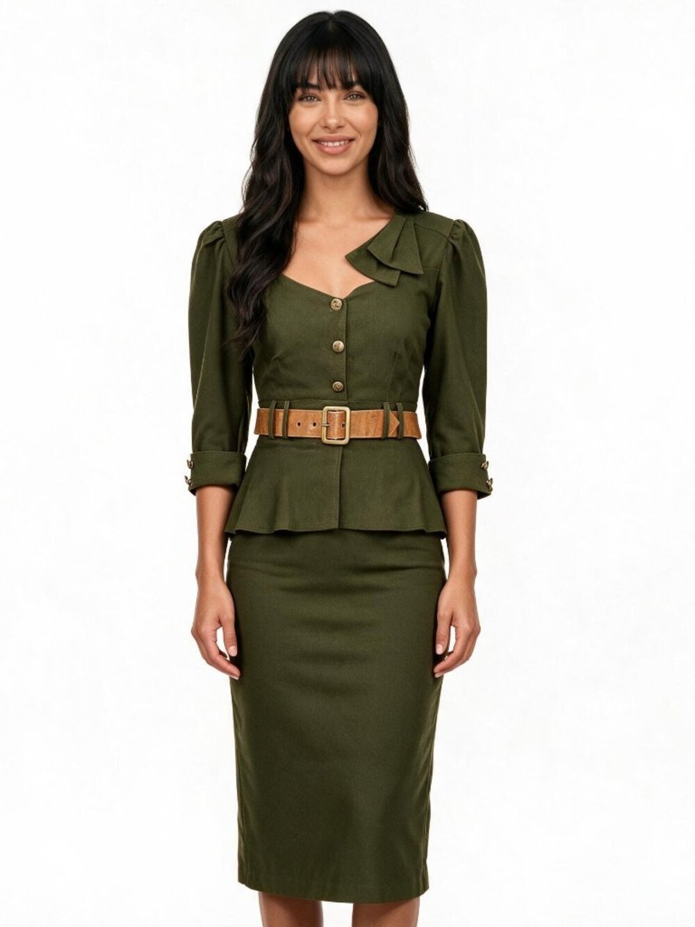 RARE Stop Staring, Olive Green Military Look, Pinup Pencil Skirt Set w/ Belt S